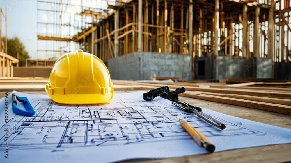 Poster a construction blueprint spread out on a table with tools and a hard hat nearby, surrounded by the f