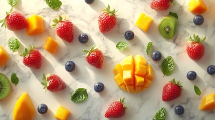 A vibrant overhead arrangement of fresh strawberries, mango, kiwi, blueberries, and mint leaves spread across a marble surface.