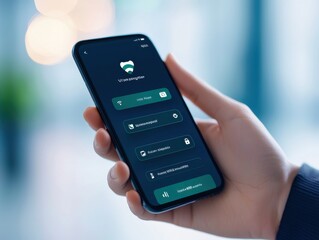 Hand holding smartphone displaying app interface on blurred background