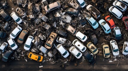 A chaotic yet fascinating aerial view of numerous junk cars, revealing intricate patterns of decay and color amidst scrap metal jungle.