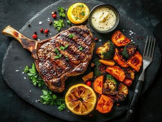 A perfectly cooked tomahawk steak served on a slate plate with sides of roasted vegetables and garlic butter Garnished with parsley and a slice of lemon