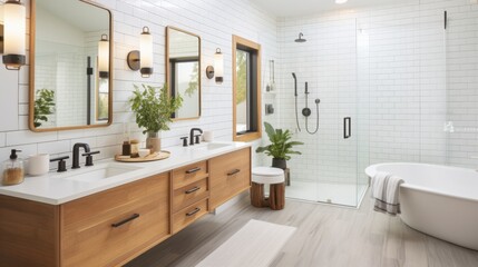 A modern bathroom featuring sleek wooden vanities, large mirrors, and abundant natural light, creating a fresh, stylish, and inviting atmosphere.