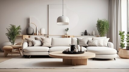  Modern living room with Scandinavian interior design, featuring a round wooden coffee table against a sleek white sofa.