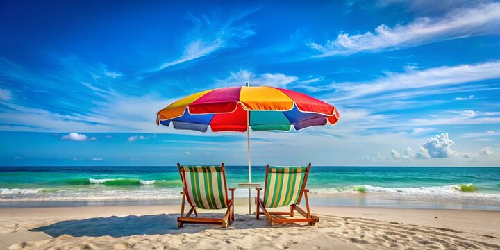 A Colorful Umbrella Provides Shade for Two Beach Chairs on a Sunny Day with Rolling Waves in the Distance