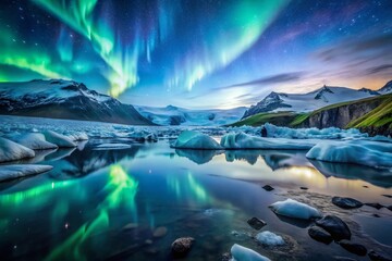 Long Exposure Icelandic Glacier Night with Northern Lights and River