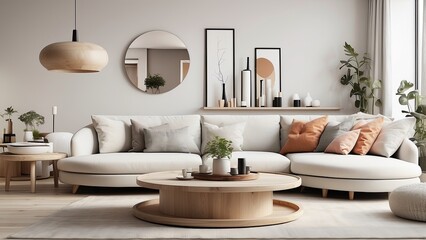 A contemporary living room design with a round wood coffee table paired with a white sofa, in Scandinavian styl
