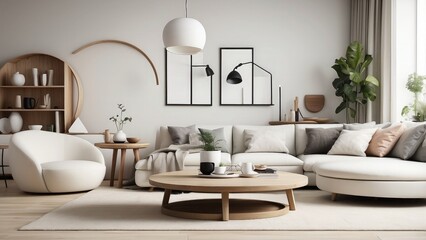A contemporary living room design with a round wood coffee table paired with a white sofa, in Scandinavian styl