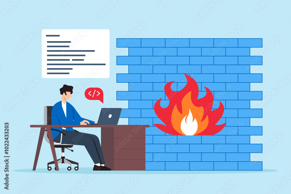 Poster flat illustration of hacker typing code on laptop with cybersecurity firewall