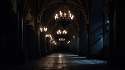 An ornate chandelier casts soft light in a dimly lit gothic hall, evoking mystery and grandeur in a historical architectural setting.