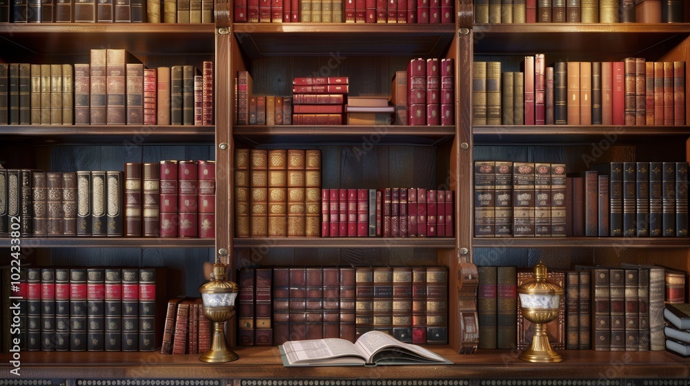 Aufkleber The wooden shelves showcase a rich assortment of textbooks and scholarly works, inviting learning and exploration in a study. Generative AI