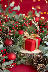 Obraz premium A charming Christmas scene featuring a white pedestal