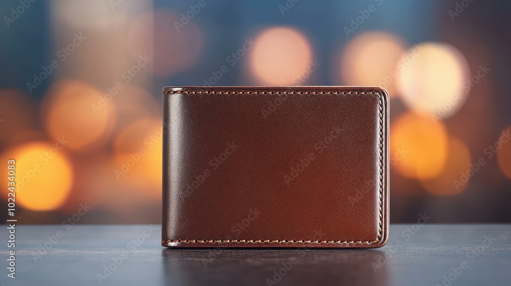 Poster A stylish brown leather wallet with a sleek handle, set against a softfocus backdrop that enhances its elegance.