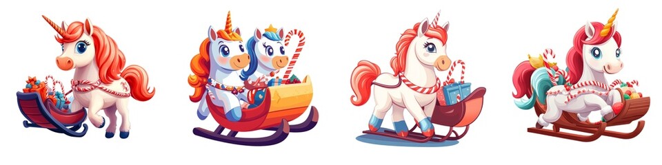 A colorful illustration of unicorns in various playful poses, including sledding, showcasing a whimsical and cheerful atmosphere.