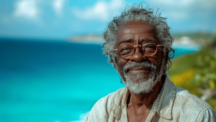 Happy senior man enjoying a sunny beach day in casual attire