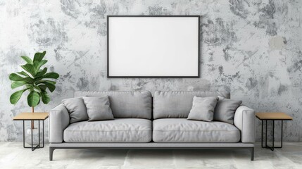 Discover a chic living room featuring a gray couch, wooden accents, and a stunning canvas waiting for your design touch.