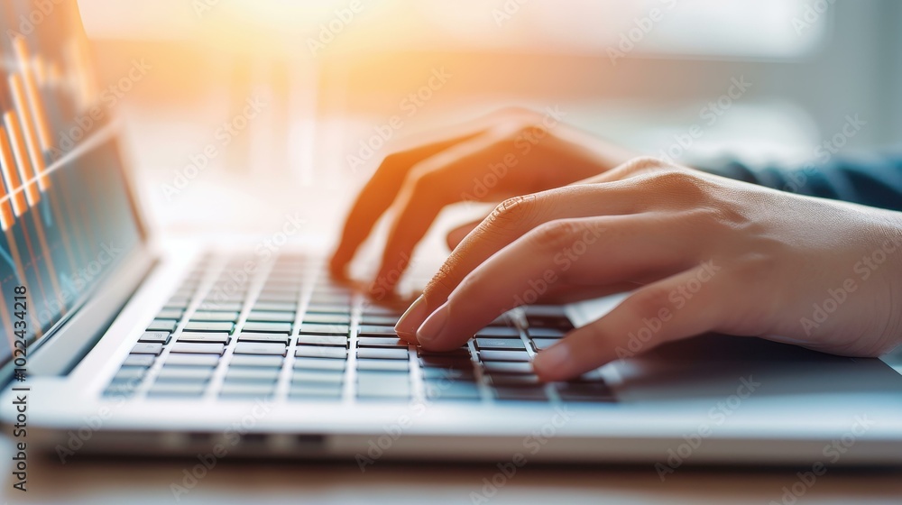 Poster hands on a laptop create a vivid double exposure, symbolizing the fusion of technology and finance t