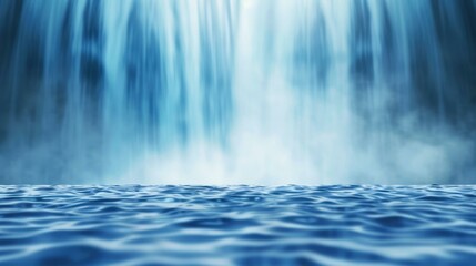 A striking waterfall flows with force, surrounded by mist and deep blue hues, capturing natures aweinspiring energy.