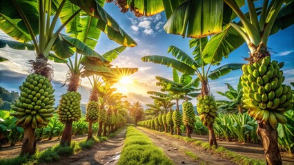 Obraz premium Lush Banana Farm Landscape with Raw Bunches of Bananas Under Bright Blue Sky