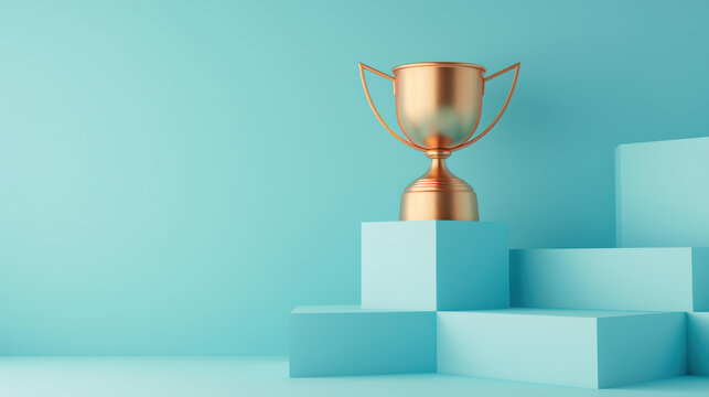 A shining trophy rests atop a blue staircase, embodying the essence of achievement against a crisp white backdrop.