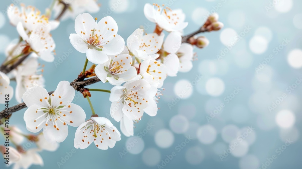 Sticker Experience the beauty of spring with soft cherry blossoms blooming, set against a gentle blue backdrop.