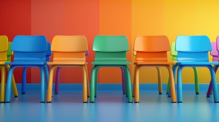 Obraz premium A vibrant classroom blends modern design with playful pastel chairs, showcasing the beauty of imagination on a sunny day.