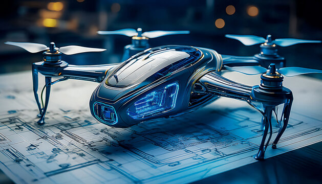 Futuristic AI drone model lies on technical drawing of its model, close-up