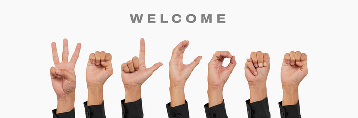 Deaf alphabet letter "Welcome" by hand. The letter "Welcome" in sign language, isolated on a white background. Hand movements. hearing disorders. language that uses the visual manual modality.