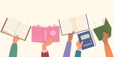 Banner hands holding books, library day. Template book in hands, Concept of reading and literature. Education and knowledge vector concept.