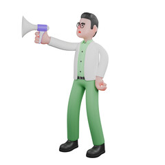 Fototapeta premium Professional Male Ecology Character. A male biologist is standing while speaking using a loudspeaker. 3D Biologist