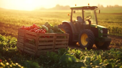 Naklejka premium Freshly Harvested Tomatoes and Cabbage in a Wooden Crate in a Field at Sunset