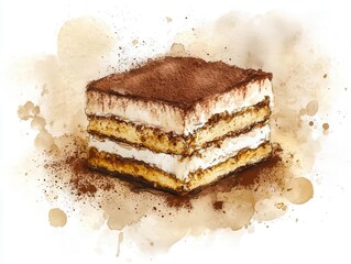A delicate slice of tiramisu with layers of creamy mascarpone and cocoa powder, surrounded by soft watercolor brushstrokes in warm shades of beige and brown