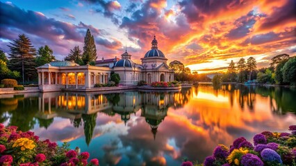 Fototapeta premium Macro Photography of Balneario Carlos III with Long Exposure Clouds in a Serene Landscape