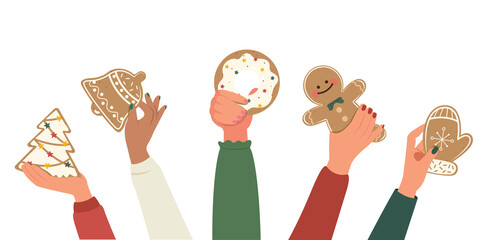 Happy new year party, Hand holding gingerbread cookies, Christmas winter holiday design.