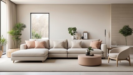 A minimalist Jacanid interior in a modern living room, characterized by simplicity, sleek furniture, and soft, neutral palettes.