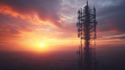 A communication tower silhouettes majestically against a vibrant sunset sky.