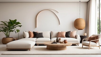 Obraz premium Minimalist living room with Jacanid design, emphasizing simplicity, natural textures, and an airy, spacious feel with elegant