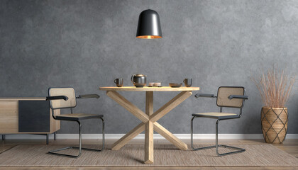 3d rendering of a Scandinavian dining room with a wooden table and two chairs - mock-up - placeholder.
