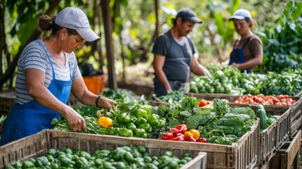 Woman Sorting Green Peppers in Wooden Crates at a Farm
