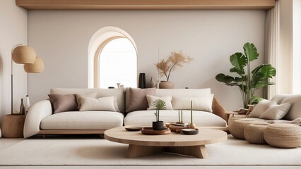 Obraz premium Minimalist living room with Jacanid design, emphasizing simplicity, natural textures, and an airy, spacious feel with elegant