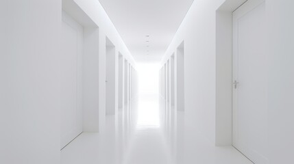 Endless white doors form a surreal corridor, suggesting infinite possibilities and the allure of unknown journeys.