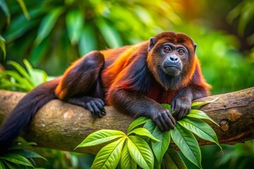 Fototapeta premium Mantled Howler Monkey Resting in Lush Rainforest - Wildlife Photography