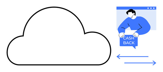 Cloud symbolizes digital storage while the person holding a cashback sign illustrates financial incentive. Ideal for e-commerce, digital marketing, online shopping, tech services, fintech. Simple