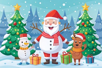 Merry Christmas Flat Design with Santa, Snowmen, and Reindeer in Vector Style for Festive Celebrations