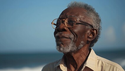 Happy retired African American man smiling on the beach in casual attire