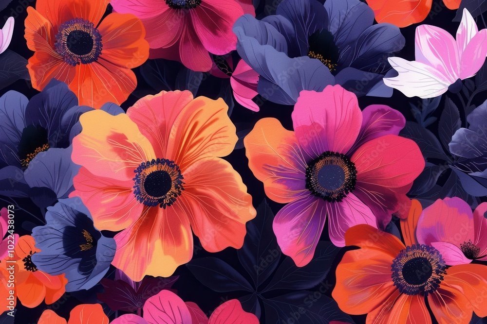 Poster brightly colored flowers of various species flourish with intensity on a contrasting black backgroun