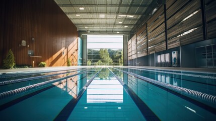 Fototapeta premium A pristine indoor swimming pool, its clear blue water reflecting sunlight, invites tranquility and a refreshing escape within elegant surroundings.
