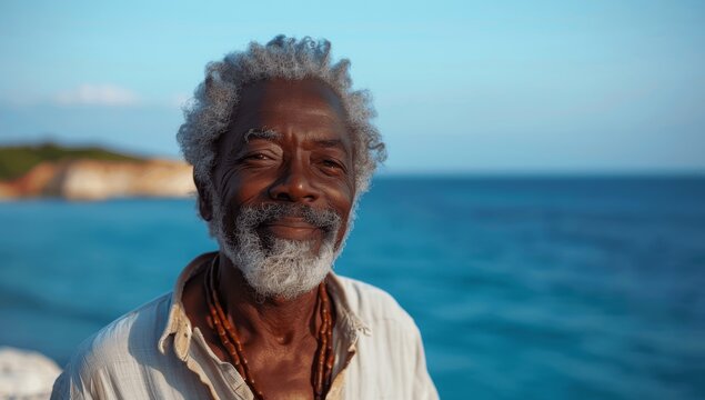 Joyful senior African American man enjoying a sunny day at the beach