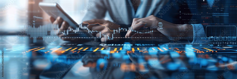 Poster business intelligence and data analytics team conducting market analysis with advanced technology fo