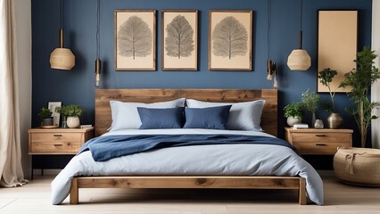 Rustic wooden bed with blue pillows, flanked by two bedside cabinets, set against a white wall with three framed posters.-gigapixel-