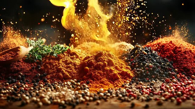 Dynamic Spice Explosion with Vibrant Colors and Smoky Effects